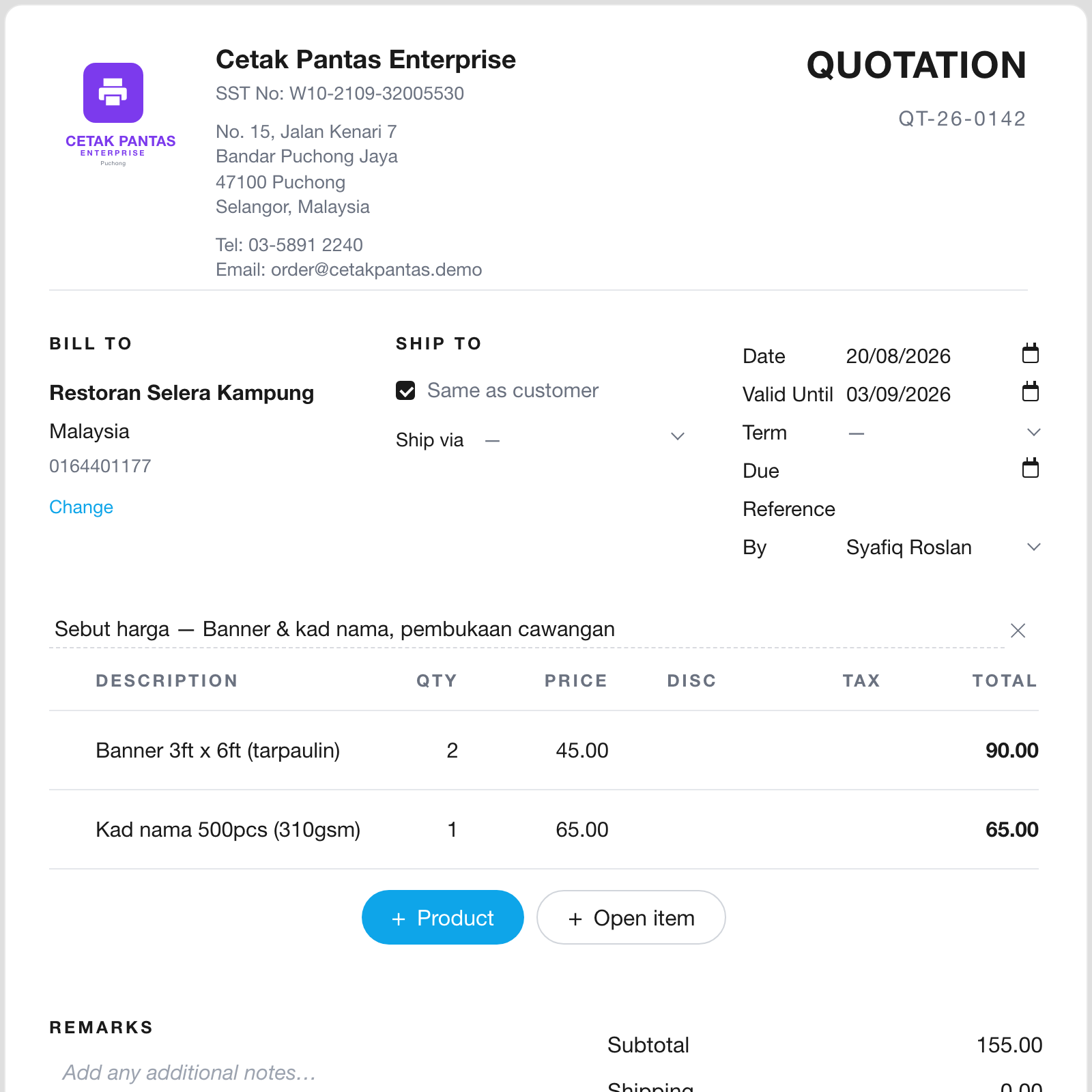A quotation becomes an invoice, one tap