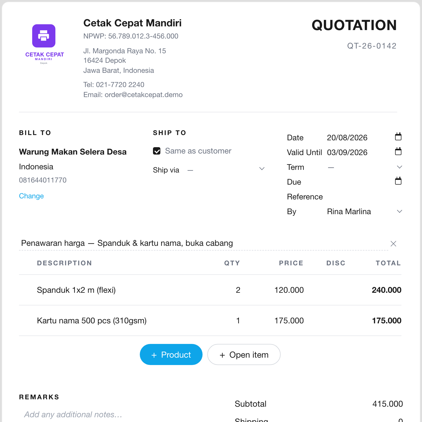 Penawaran jadi invoice, satu tindakan