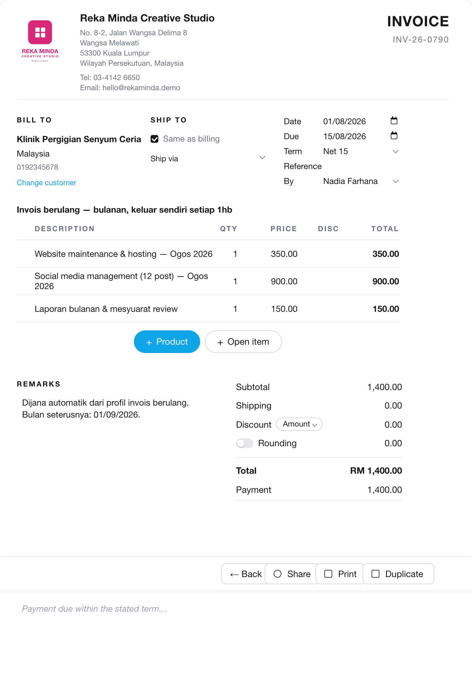 Retainer bil sendiri, tarikh sama, setiap bulan