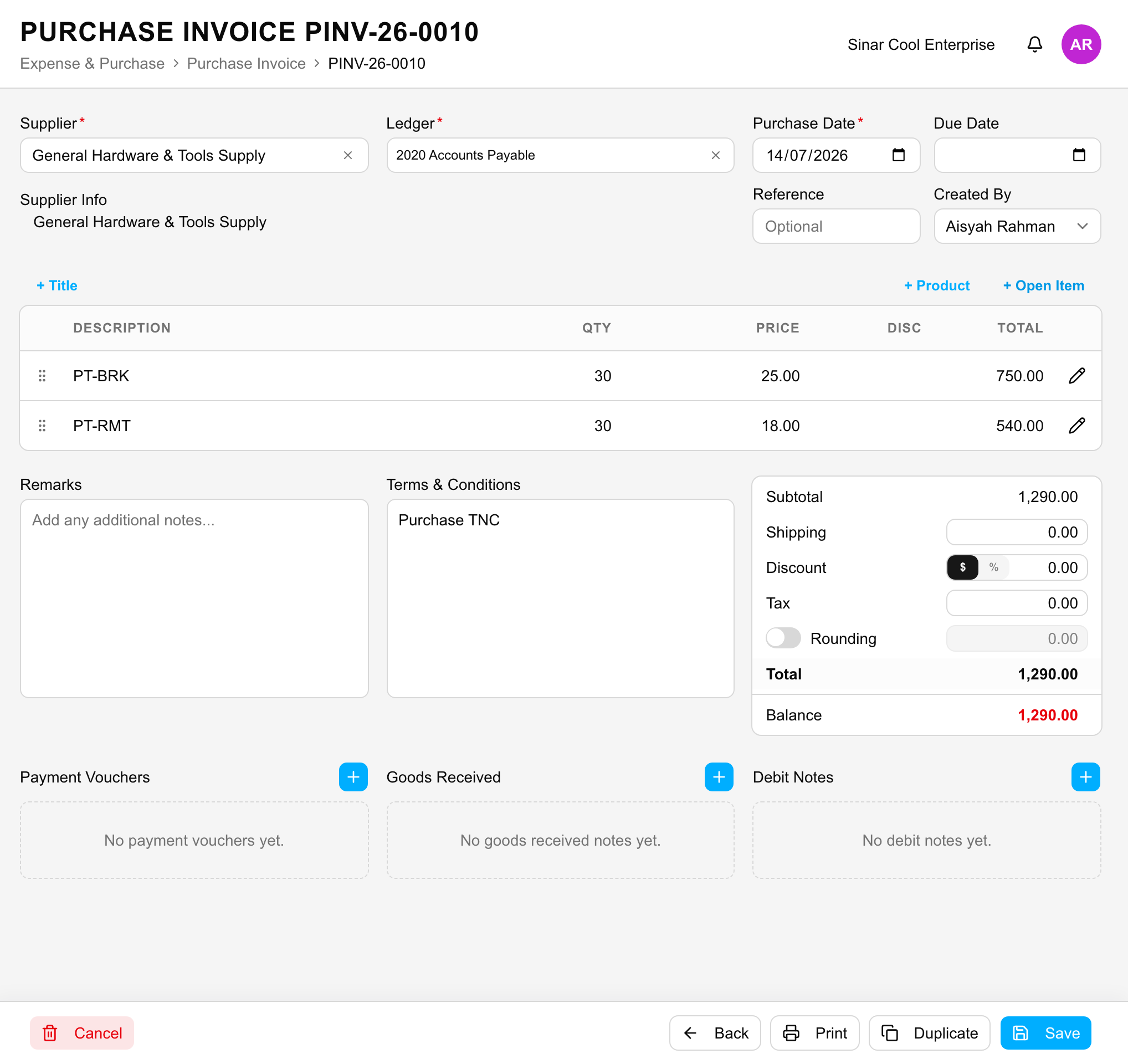 Tagihan Pembelian (Purchase Invoice)