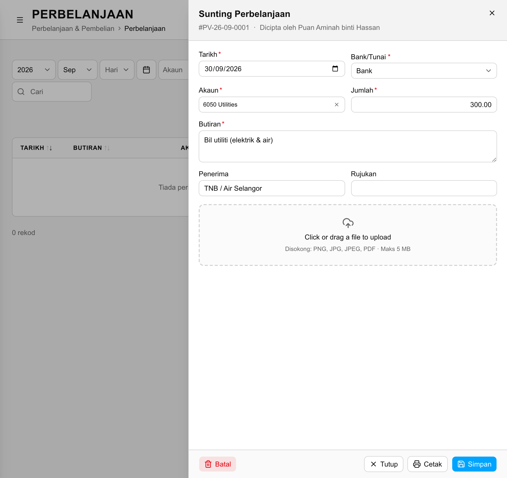 Editing a generated expense and attaching the bill (Malay interface shown)
