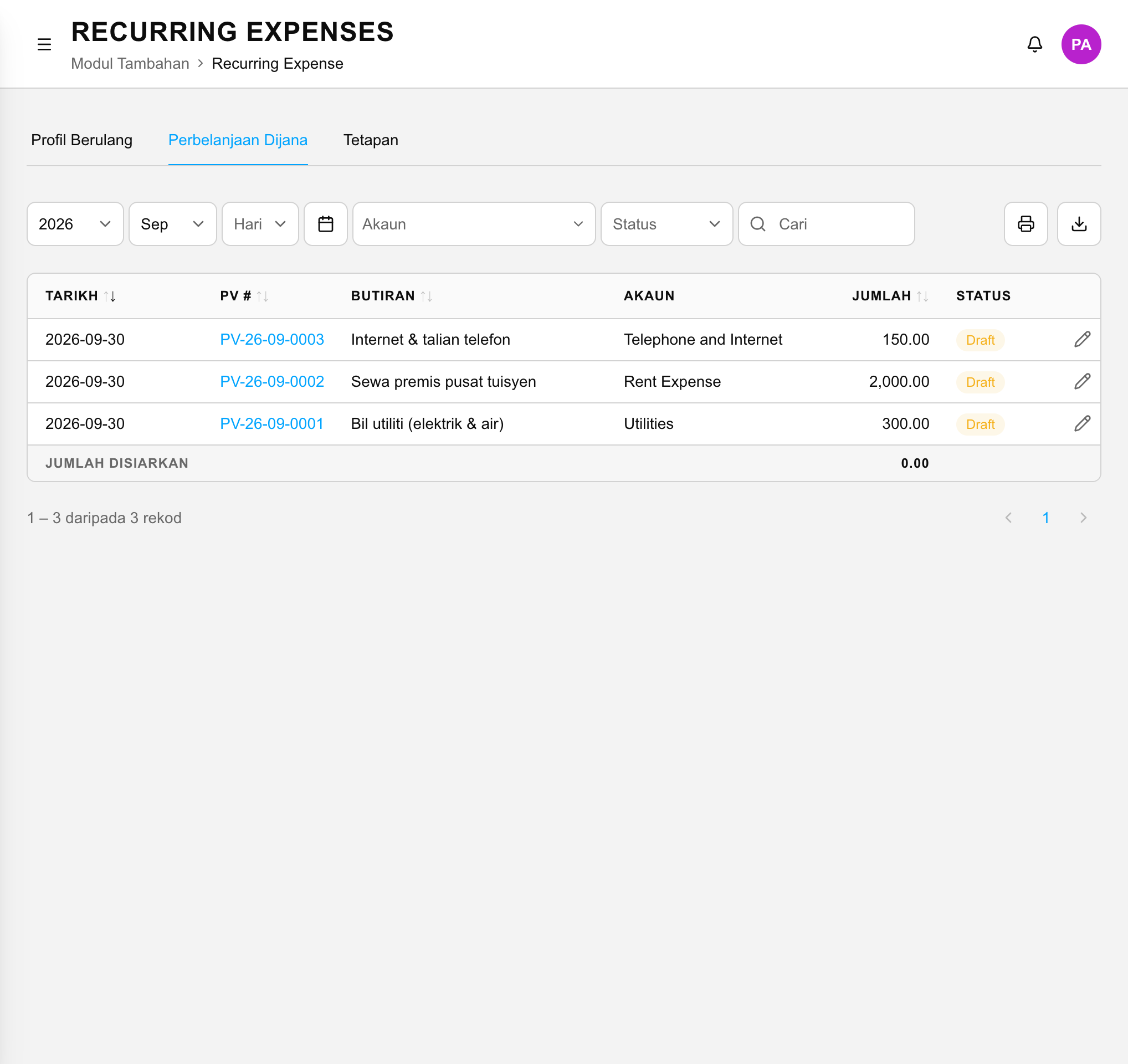 Generated expenses list (Malay interface shown)