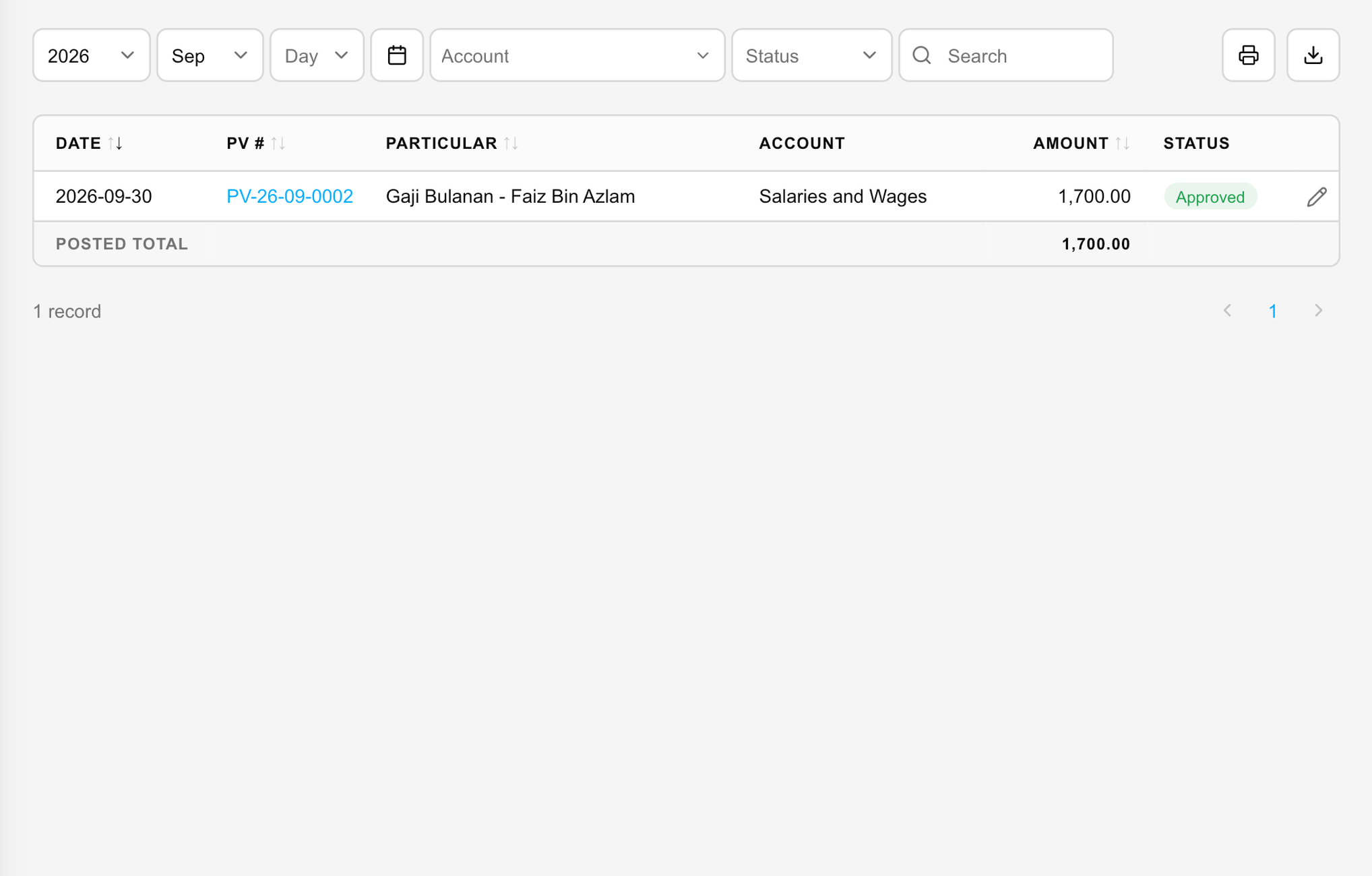 Recorded recurring expense with Approved status
