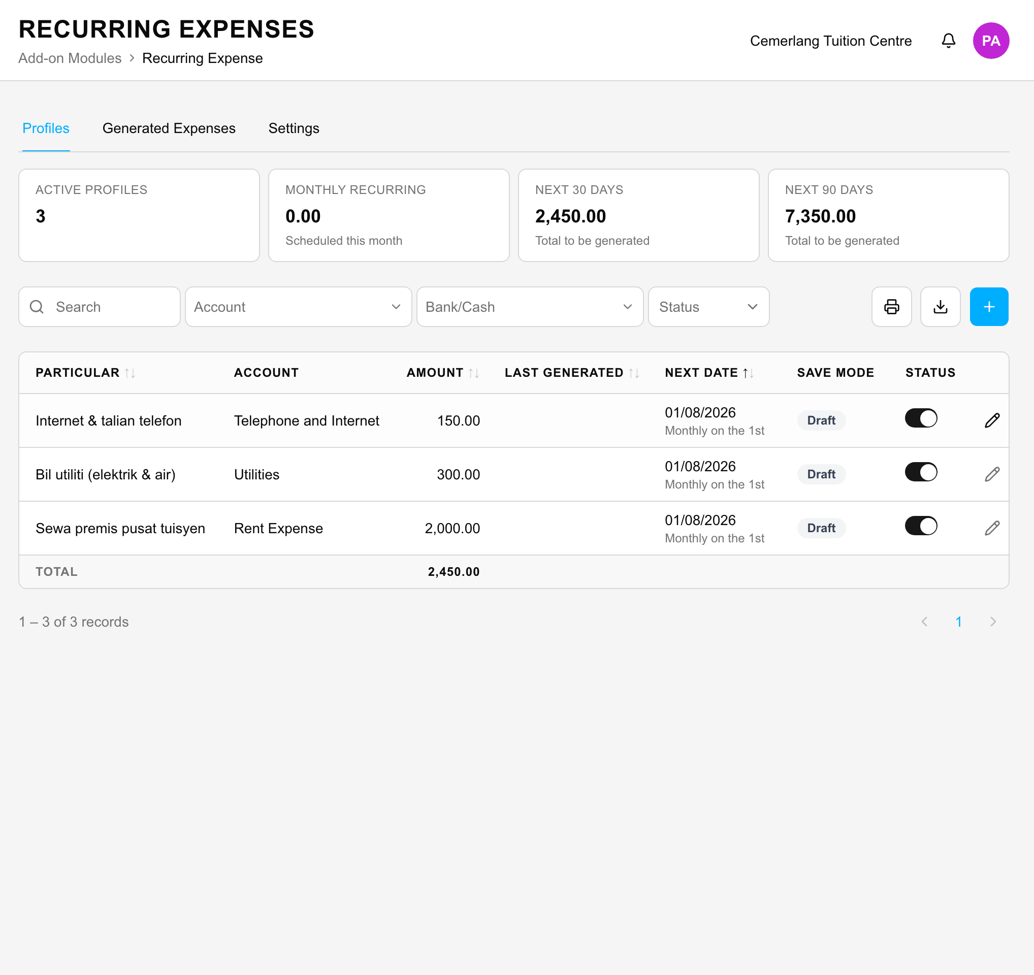 An expense profile per fixed cost