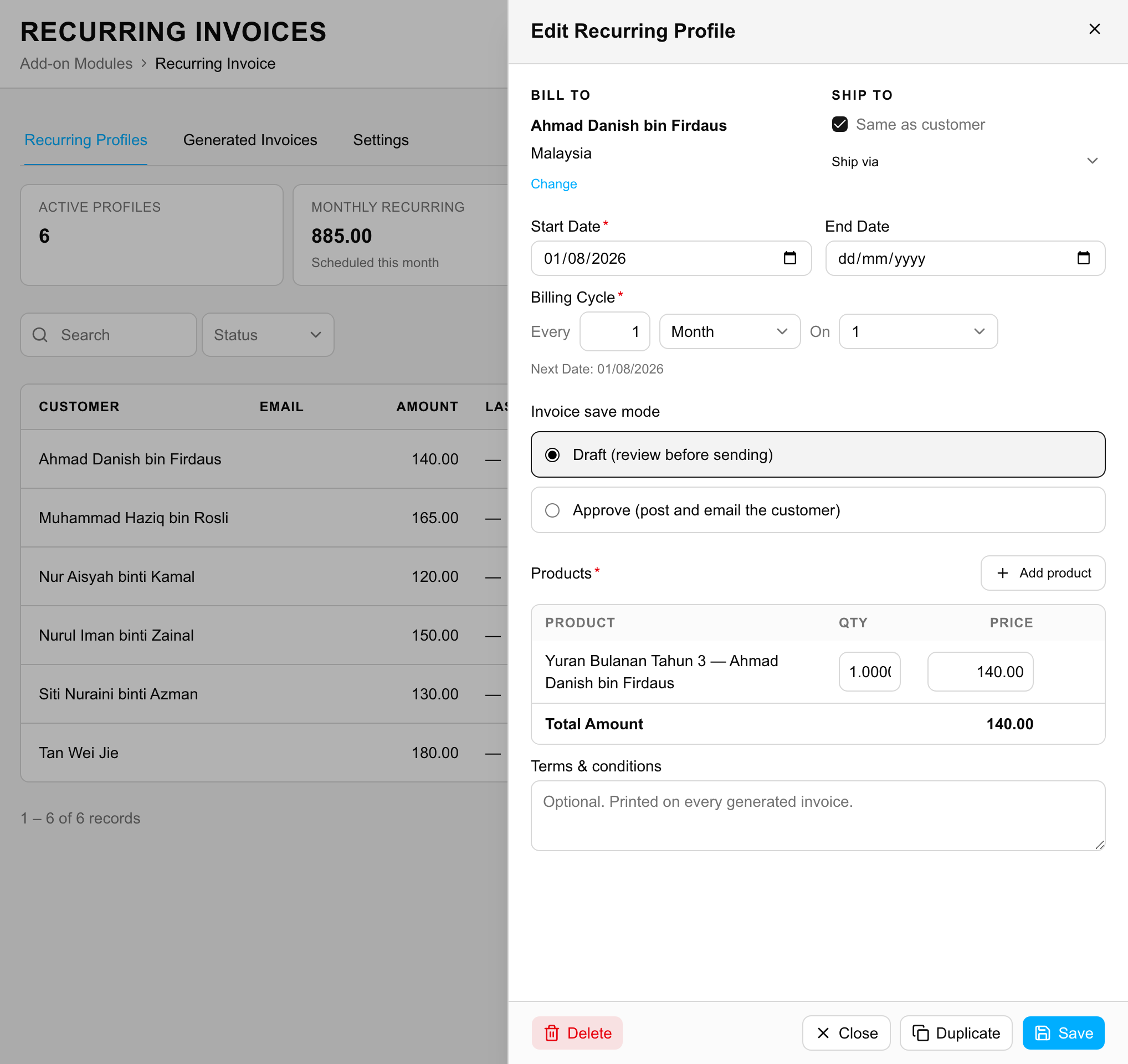 Billing cycle and start date