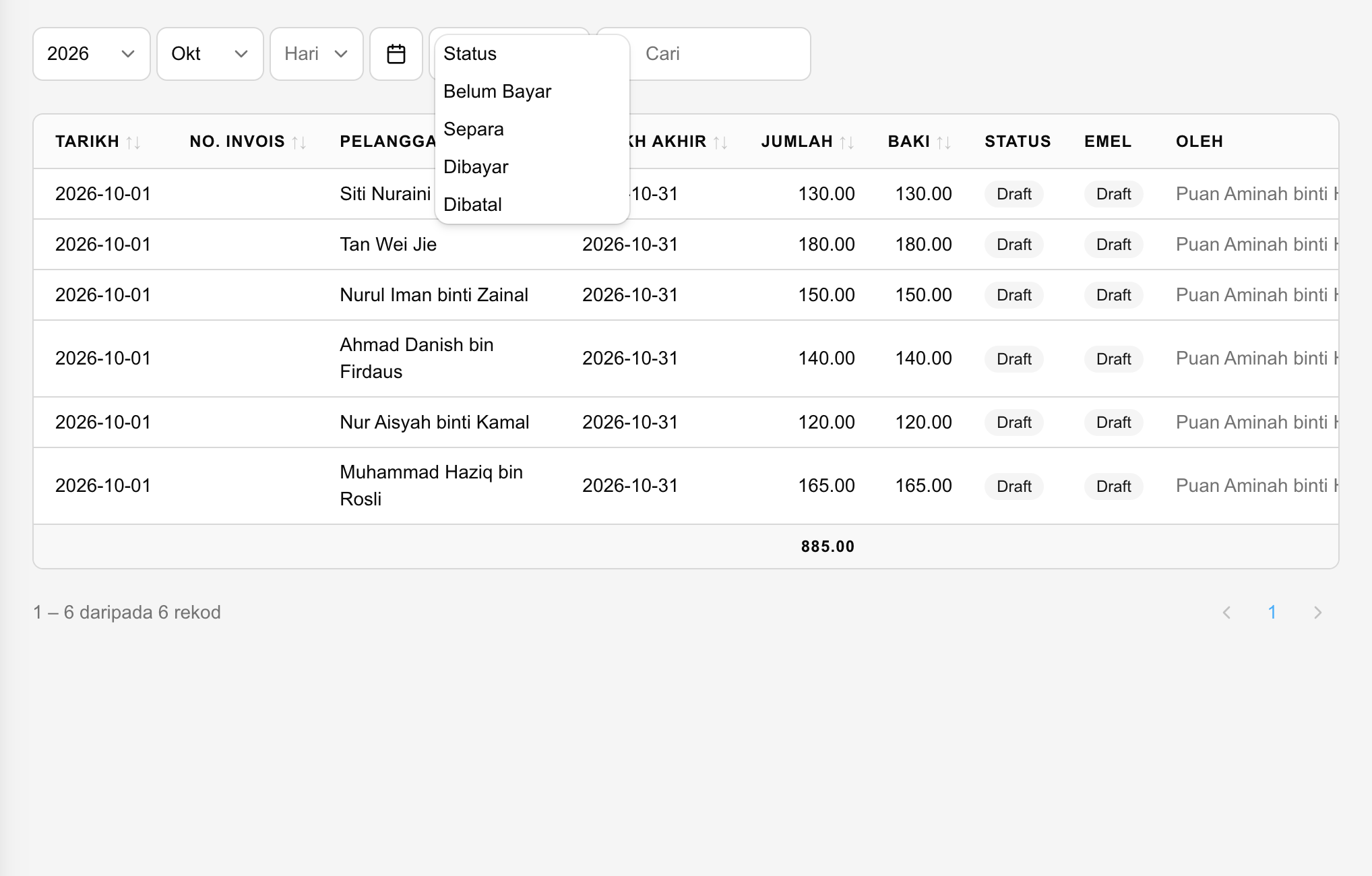 Generated invoices list with payment status (Malay interface shown)