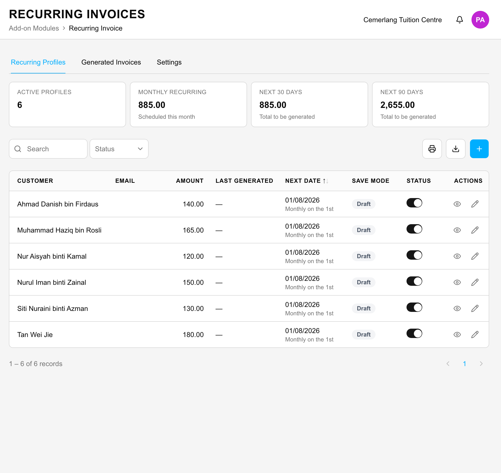 A recurring profile per customer