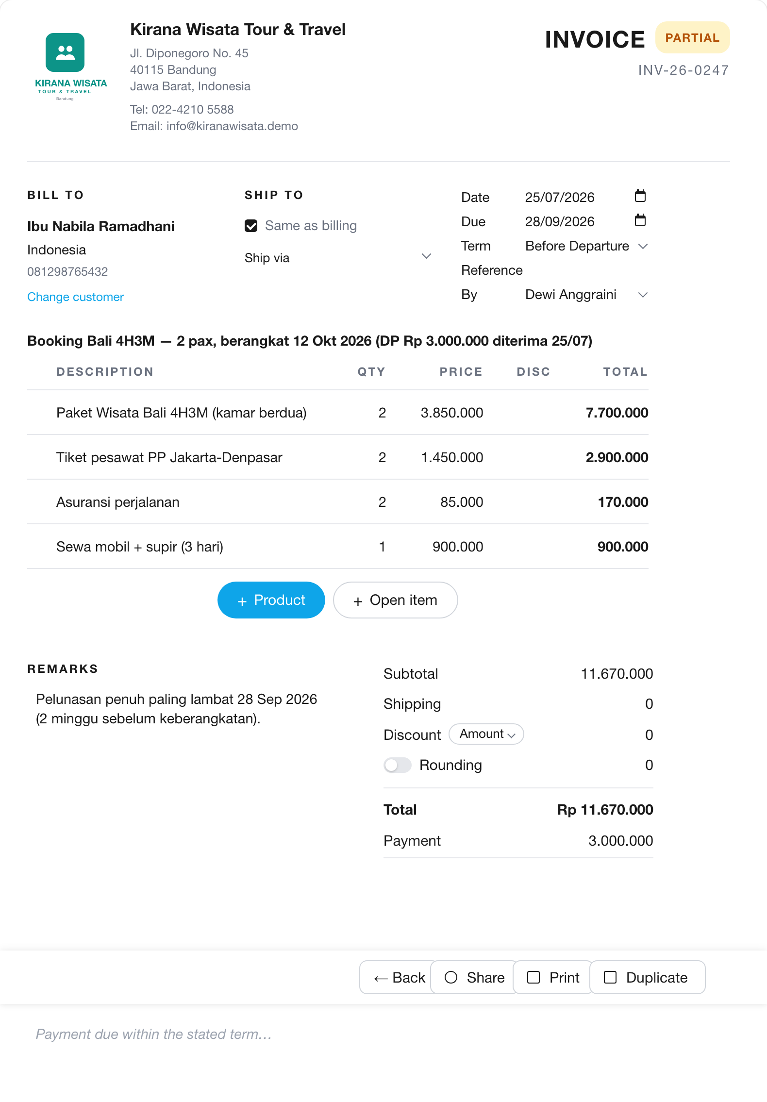 Setiap booking jadi invoice — bukan baris spreadsheet