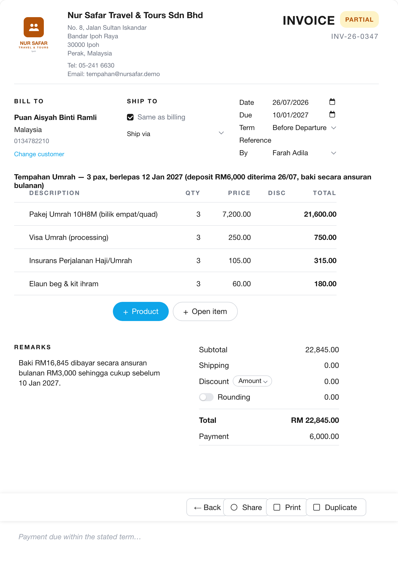 Setiap booking jadi invois — bukan baris spreadsheet