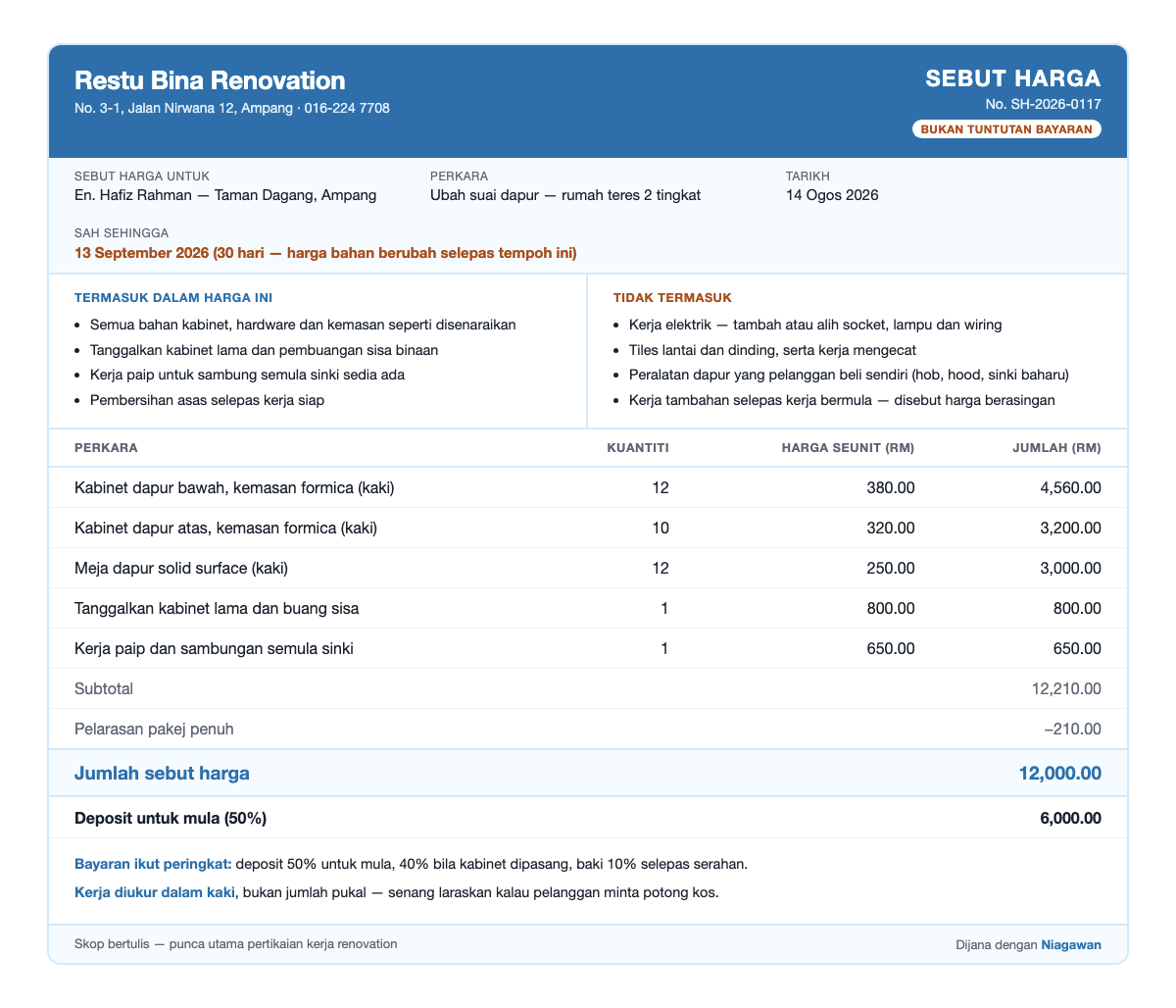Contoh quotation kontraktor untuk kerja renovation &mdash; senarai termasuk dan tidak termasuk, harga ikut kaki, deposit ikut peringkat