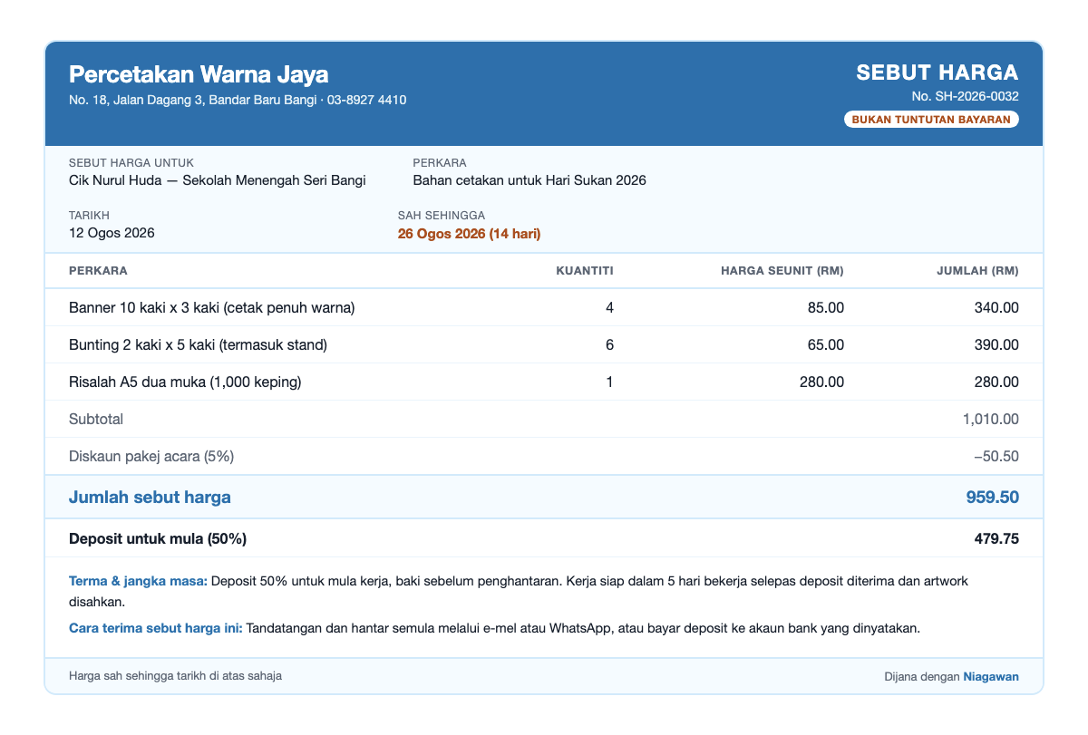 Contoh quotation lengkap dalam RM untuk bisnes Malaysia &mdash; sebut harga percetakan dengan subtotal, diskaun, jumlah dan deposit