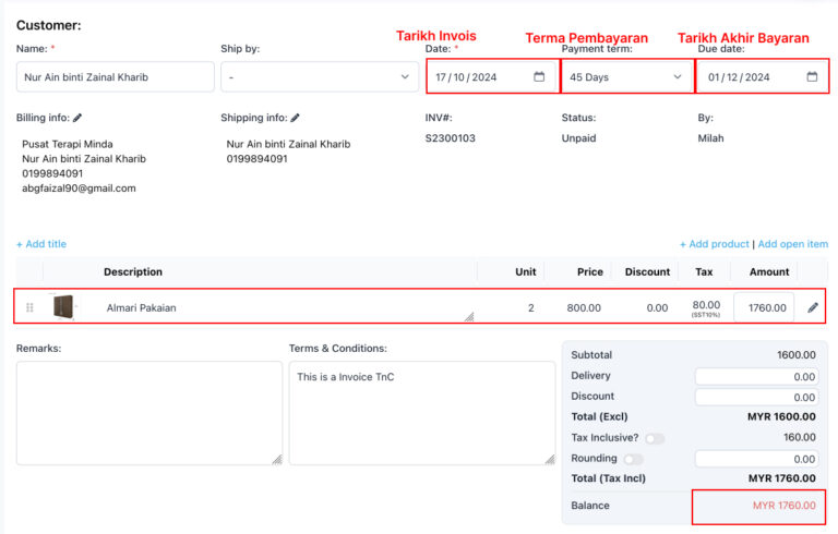 Screenshot invois jualan untuk merekod pendapatan perniagaan di NiagaPlus