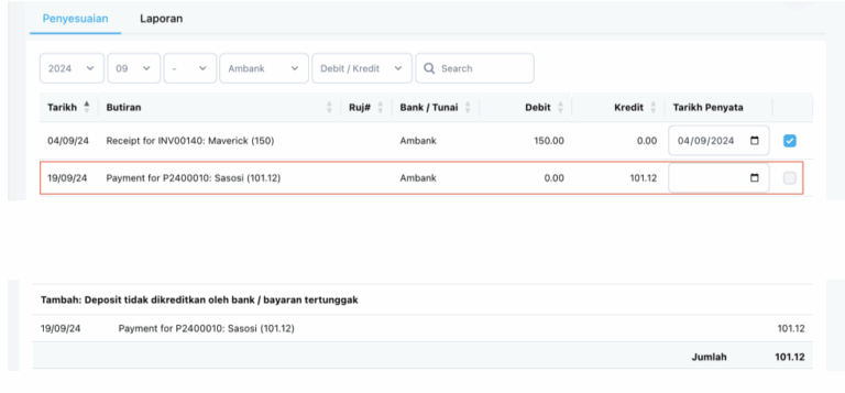 Deposit yang belum dikreditkan oleh bank pada 19 September 2024 tetapi belum dipaparkan dalam penyata bank.