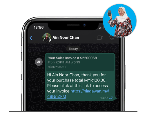 Gambaran bagaimana invois NiagaPlus boleh dihantar kepada pelanggan melalui WhatsApp