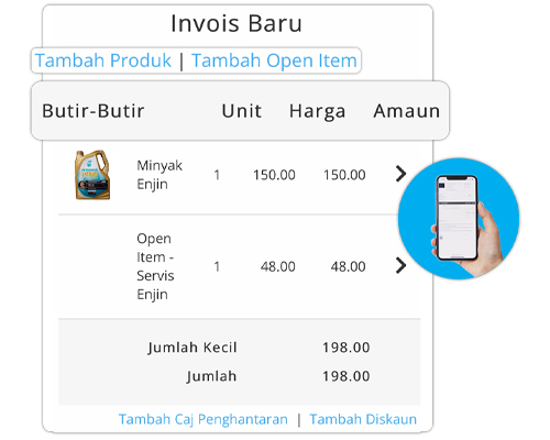 Paparan invois direkod dalam Niagawan dengan butiran jualan dan status stok produk.