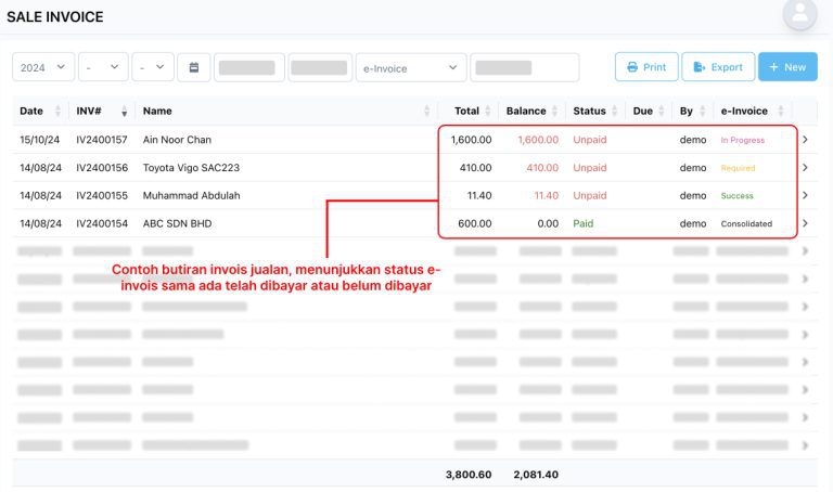 Screenshot butiran invois jualan untuk bulan Ogos dengan status e-invois: dibayar dan belum dibayar