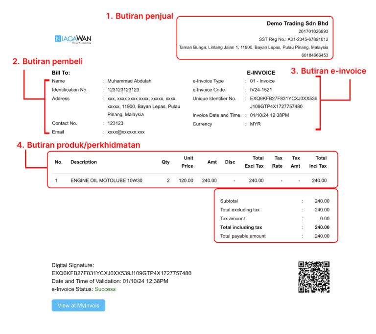 Paparan e-Invois yang dijana oleh NiagaPlus mengikut garis panduan LHDN untuk perniagaan di Malaysia