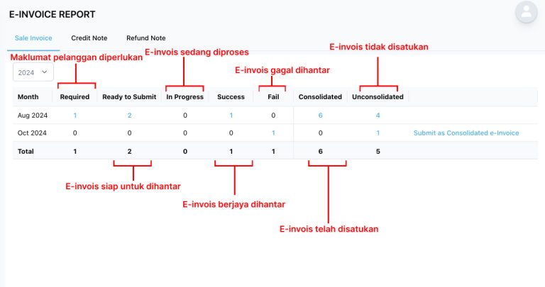 Screenshot antaramuka laporan e-invois NiagaPlus dengan status termasuk gagal, diperlukan, sedia untuk dihantar, berjaya, disatukan, tidak disatukan, dan sedang diproses