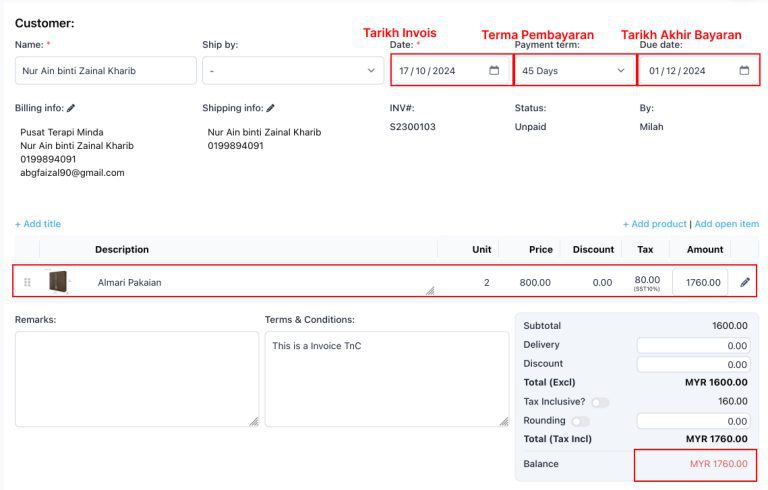 Screenshot invois jualan untuk merekod pendapatan perniagaan di NiagaPlus