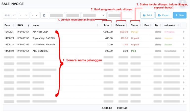 Screenshot invois jualan dari NiagaPlus yang menunjukkan jumlah keseluruhan, baki, status pembayaran, dan tarikh akhir invois