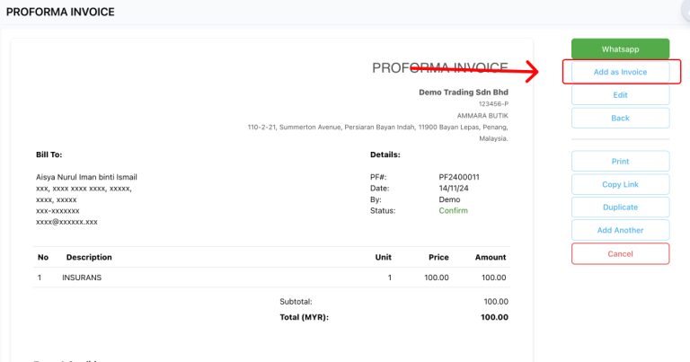 Antaramuka Proforma Invoice dalam sistem Niagawan yang menunjukkan lokasi butang 'Tambah sebagai Invois' untuk menukar Proforma Invoice kepada Invois sebenar.