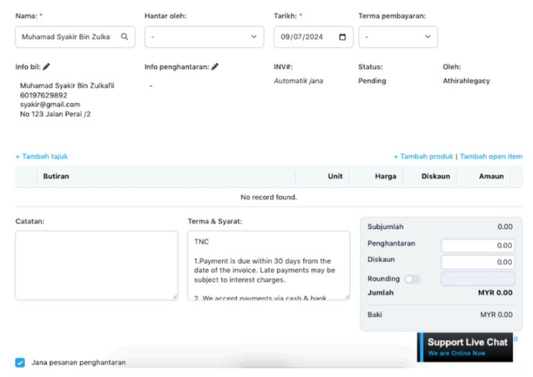 Paparan borang Sales Invoice dalam sistem Niagawan untuk merekod jualan secara terperinci.