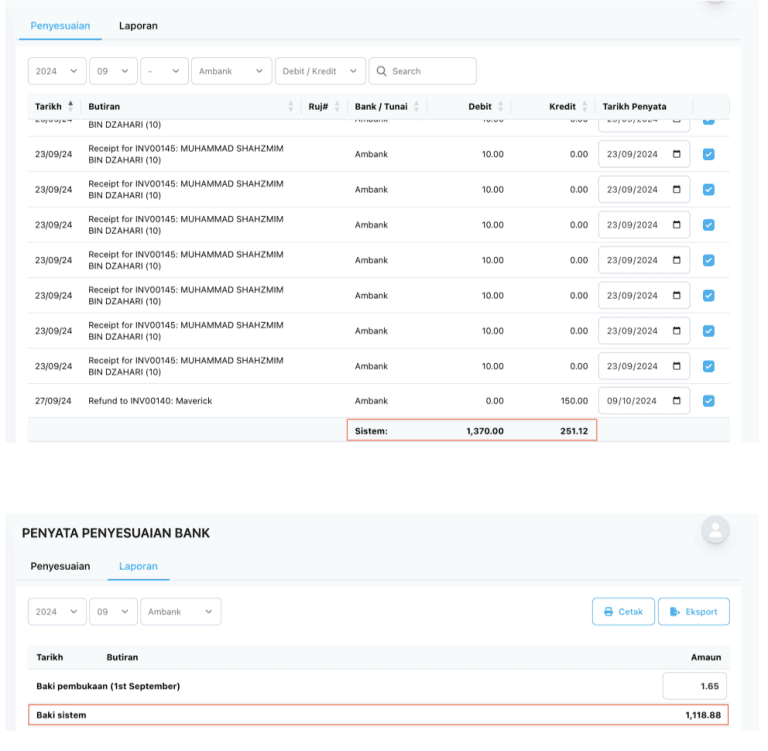 Paparan jumlah debit dan kredit yang direkodkan dalam sistem.