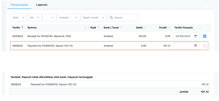 Deposit yang belum dikreditkan oleh bank pada 19 September 2024 tetapi belum dipaparkan dalam penyata bank.