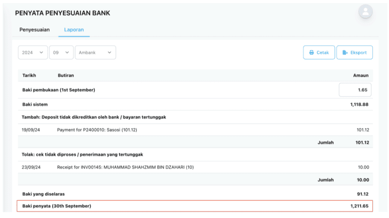 Paparan baki penyata akhir selepas semua pelarasan dibuat.