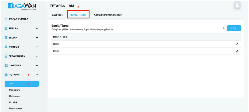 Langkah-langkah untuk tambah sumber pembayaran Bank atau Tunai dalam sistem Niagawan.