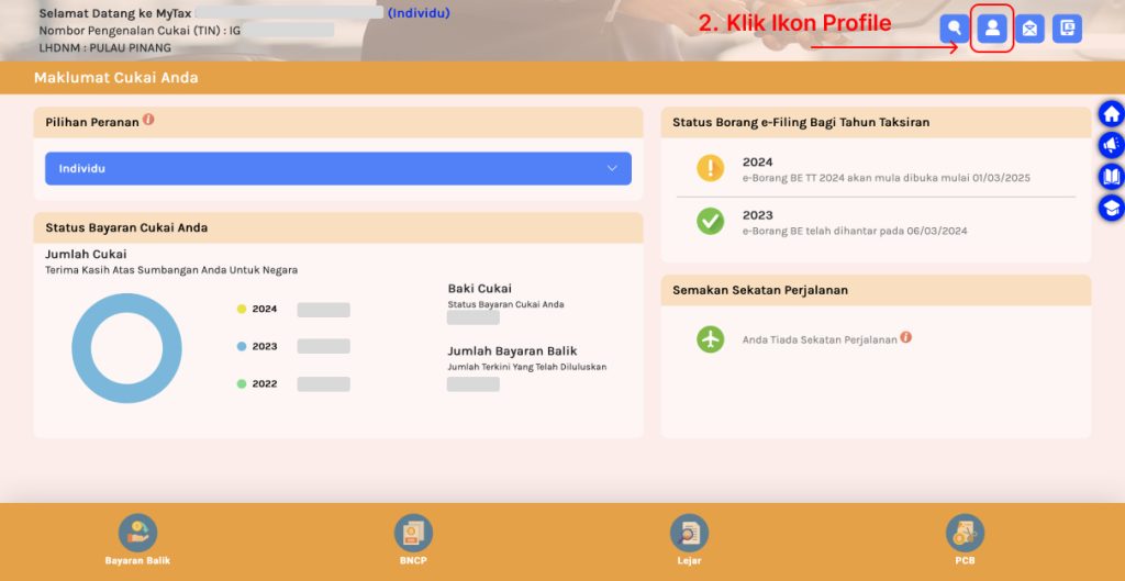 Paparan ikon profile pada portal MyTax untuk mengakses bahagian maklumat pengguna.