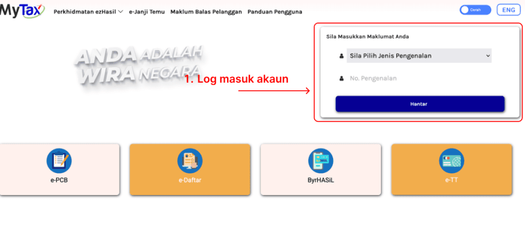 Paparan laman utama MyTax dengan butang log masuk untuk pengguna individu.