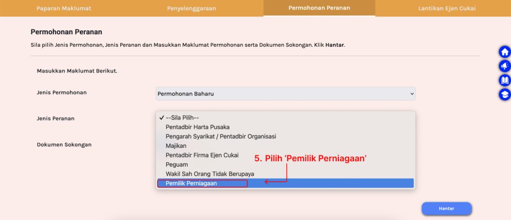 Pilihan peranan sebagai Pemilik Perniagaan (Sole Proprietor) pada portal MyTax.