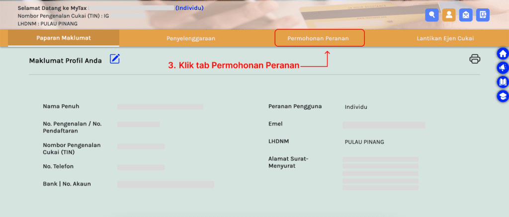 Menu utama MyTax menunjukkan tab 'Permohonan Peranan' untuk memilih jenis peranan.